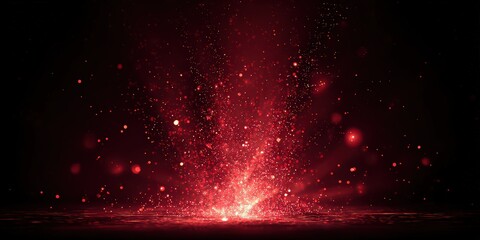 Abstract Red Explosion Against Black Backdrop with Bright Sparkles and Glittering Dust Particles