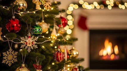 Festive Christmas Tree Adorned with Shiny Ornaments and Twinkling Lights, Beside a Cozy Fireplace