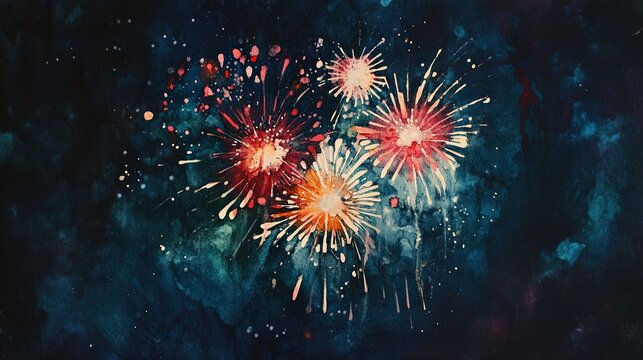 An artistic, watercolor-style depiction of colorful fireworks exploding against a dark midnight sky. Perfect for celebrations like New Year's Eve, holidays, and festive digital art.