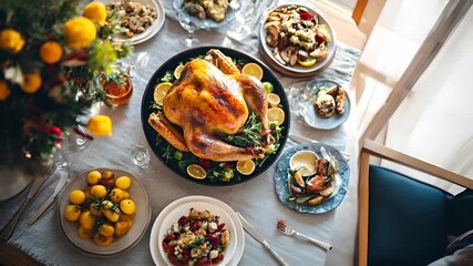 Thanksgiving holiday promotion theme. A topdown view of a festive dining table set for a holiday meal. The main subject is a roasted turkey, surrounded by a variety of colorful dishes.