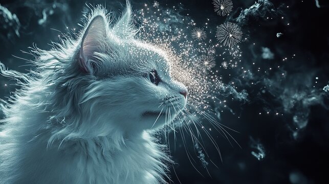 A dynamic and abstract explosion of white and silver particles on a dark background. This energetic burst can represent power, a storm, a wave crash, or a futuristic special effect.