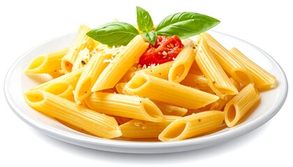 白い皿に盛られた鮮やかなトマトとバジルが添えられた筒状のペンネパスタに粉チーズがかかっている様子