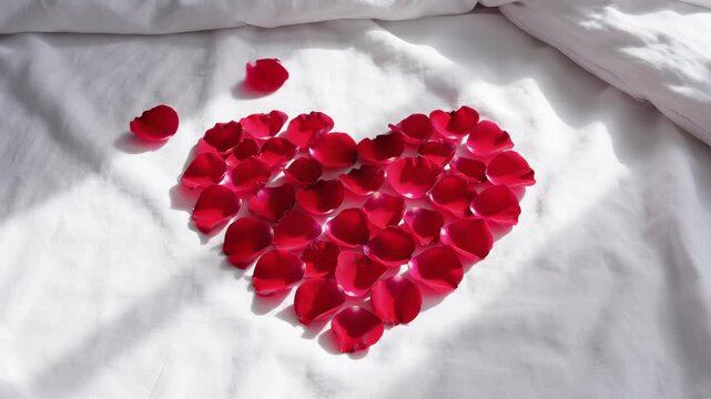 Red rose petals falling on white bed sheet forming heart shape, Valentine's Day and romance concept