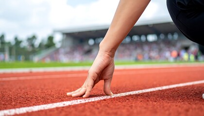 陸上競技場のスタートラインで競技開始を待つ女性選手の引き締まった腕と手