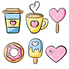 Set of kawaii pastel colors a cup of coffee, ice cream, a donut, cookies, isolated on a white background. Doodle food and bakery concept.