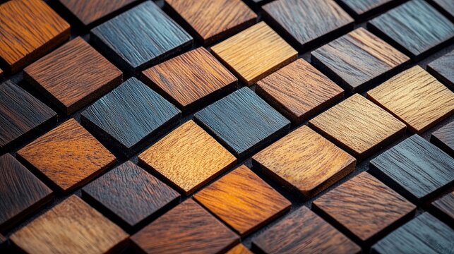 A modern geometric pattern created from wooden tiles arranged in triangular and angular shapes. This decorative texture is ideal for contemporary interior design, floors, walls, and backsplashes.