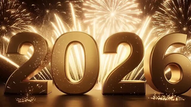Golden 2026 New Year celebrations with fireworks shimmering and sparkling, a dynamic video celebrating future success and new beginnings for a bright year ahead