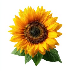 Obraz premium Isolated Sunflower on White Background with Yellow Petals and Green Leaves