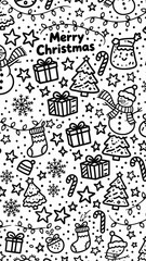 Obraz premium Black and white line art pattern featuring various Christmas holiday elements like snowmen, trees, gifts, and 'Merry Christmas' text.