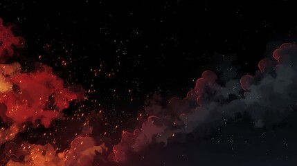 Black and red smoky and fire sparks background, AI generated.