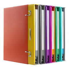 A row of colorful, upright binders. Each is a different shade, with metal rings and white spines. They sit against a black background