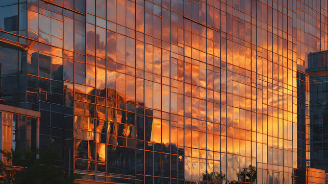 Stunning sunset reflection on modern glass facade of an office building creating vibrant orange and yellow patterns