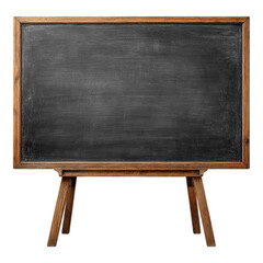 A weathered, rectangular chalkboard with a dark surface sits on a wooden stand. The frame is also made of wood