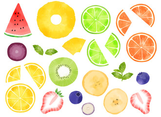 カラフルでかわいい　水彩風カットフルーツのセット素材集