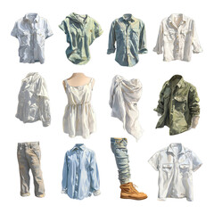 Assortment of clothing pieces shirts, a dress, and pants, with varying styles, textures, and colors, isolated on black background