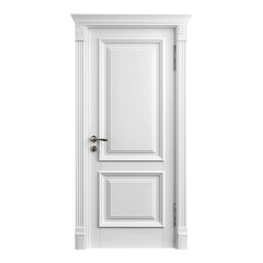 A classic white paneled door with intricate molding, a simple handle, and visible hinges, isolated on a stark black background