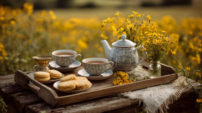 Afternoon tea set with cookies and teapot served on a wooden tray in a sunny yellow flower field - Powered by Adobe
