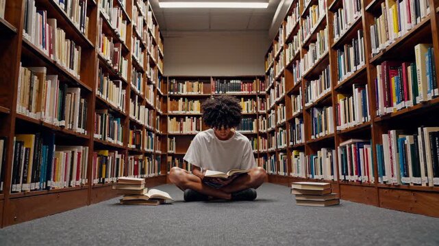 Surrounded by towering bookshelves, a student sits cross legged on the library floor, deeply immersed in a book, creating a striking visual pattern