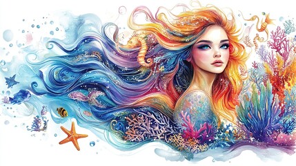 Fantasy mermaid with flowing colorful hair swims through coral reef with sea creatures isolated transparent png