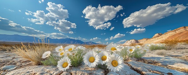 White daisies grow on rocky desert ground under blue sky with scattered clouds isolated transparent png