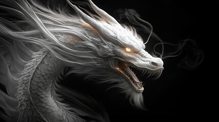 White dragon with glowing eyes breathes smoke and shows sharp teeth on transparent background isolated png fantasy creature