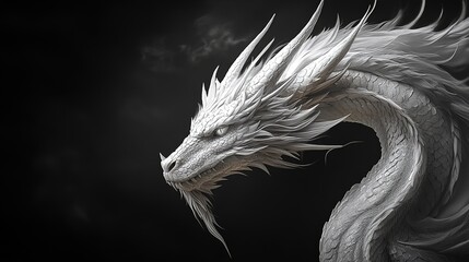 White dragon with sharp scales and long beard turns head in profile view on dark background transparent png isolated
