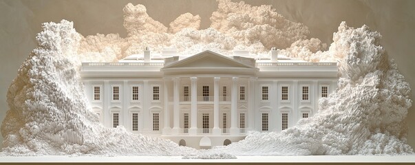 A white government building surrounded by dramatic cloud formations with transparent background png isolated
