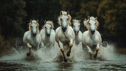 Group of white horses running through shallow water with splashes around their legs isolated on transparent background png