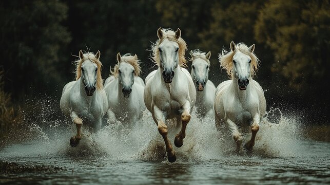 Group of white horses running through shallow water with splashes around their legs isolated on transparent background png