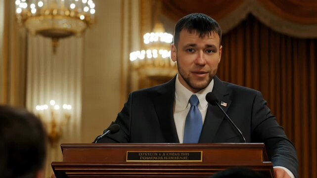 testimony in hearing, official delivers speech at hearing, man testifies formally in ornate hearing chamber, suited man provides official testimony with gestures
