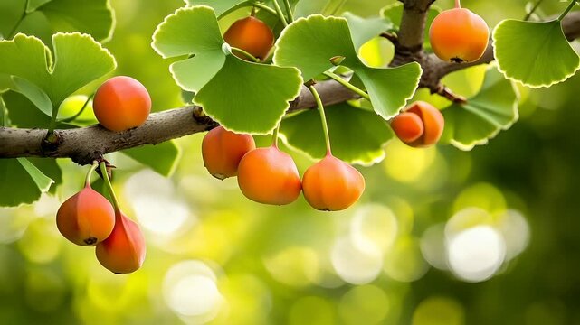 A closeup of a tree branch with ginkgo biloba leaves and fruits. The leaves are a vibrant green, and the fruits are a bright orange. The background is a lush green.