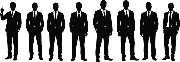 Set of eight male professional silhouettes standing in business suits and ties, featuring various confident poses, full-length vector illustration, isolated on white background.