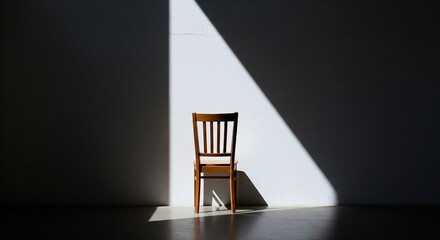 Wooden chair stands alone in a room highlighted by a beam of light.