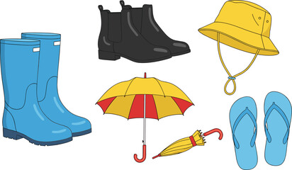 Rainy and sunny weather gear, cartoon boots, bucket hat, flip-flops, colorful umbrella, seasonal outfit, outdoor accessories, weather protection, footwear set, travel essentials, rainy day items