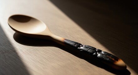 Wooden spoon with carved handle detail resting on wooden surface