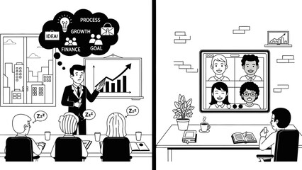 Remote Collaboration vs In-Person Meeting Black and White Doodle