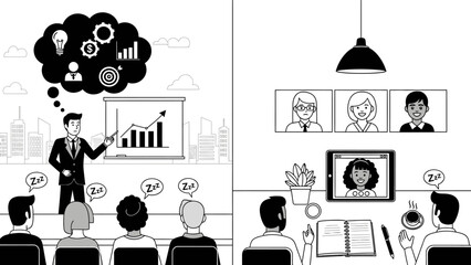 Boring Business Presentation Metaphor Compared to Engaging Online Meeting Illustration