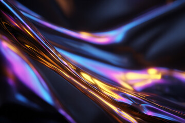 An abstract depiction of flowing iridescent metal with vibrant purple blue and gold highlights reflecting light in a dynamic pattern