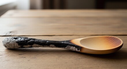 Burnt wooden spoon lies on rustic table, kitchen utensil close-up