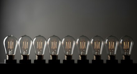 Row of vintage incandescent light bulbs arranged in a line against a dark background