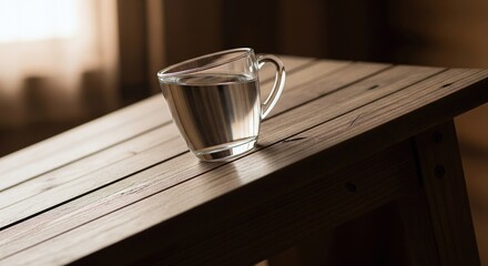Glass pitcher with clear liquid sitting on a wooden slat table indoors.