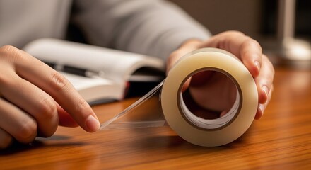 Hands pulling clear tape from roll on desk with book nearby, indoors
