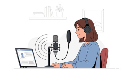 Fototapeta premium Young woman creating podcast content with microphone and laptop at home studio