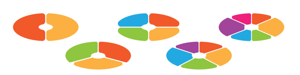 Colorful segmented pie chart and donut infographic set for business data, presentation slides, or marketing reports