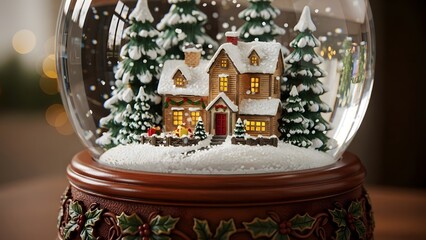 Cozy winter scene of a charming snow globe featuring a quaint house nestled among snow-covered trees