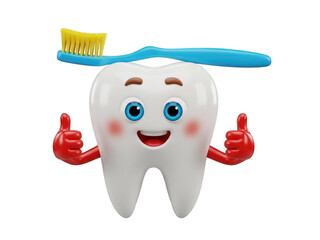 Cute cartoon 3d tooth character with toothbrush giving thumbs up gesture isolated on transparent background