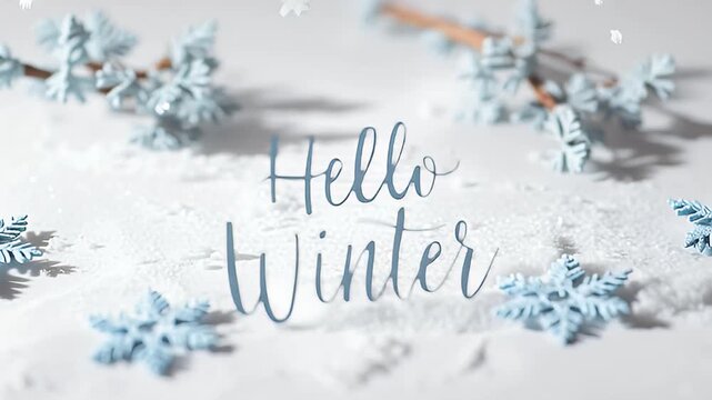 Hello Winter Message with Blue Snowflakes and White Snow