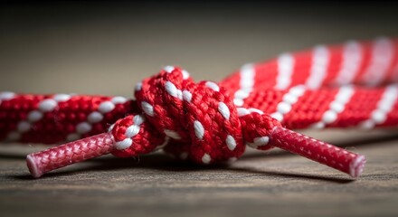 Vibrant Knotted Shoelace on Wood A Close-Up of Red and White Pattern