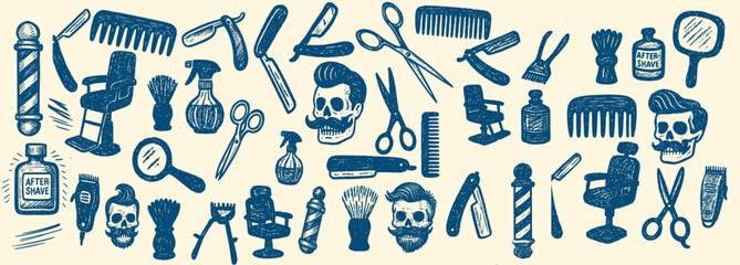 Vintage tattoo flash style seamless pattern with blue barber tools, skull heads and groomed beards arranged in horizontal banner layout on beige background