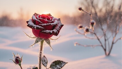 A single red rose covered in frost during a beautiful winter sunrise in snowy landscape